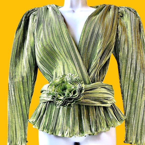 Vintage 80's Metallic Peridot Accordian Pleats Evening Blouse Belt Flower - Picture 1 of 14